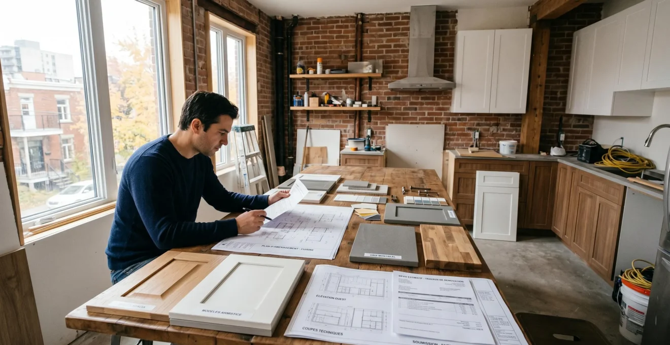 Propriétaire consultant documents de rénovation et échantillons de matériaux dans cuisine duplex montréalais en cours de rénovation