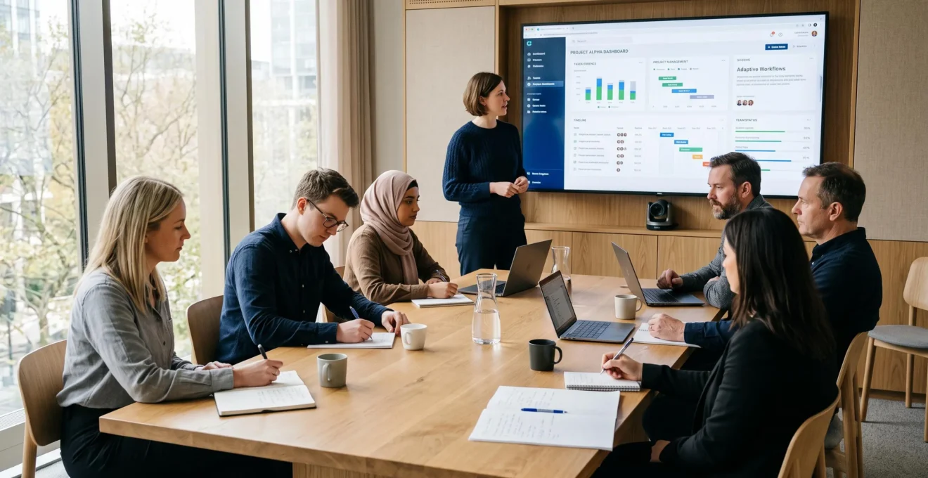 Session de formation pour déploiement logiciel avec formateur et équipe dans salle moderne