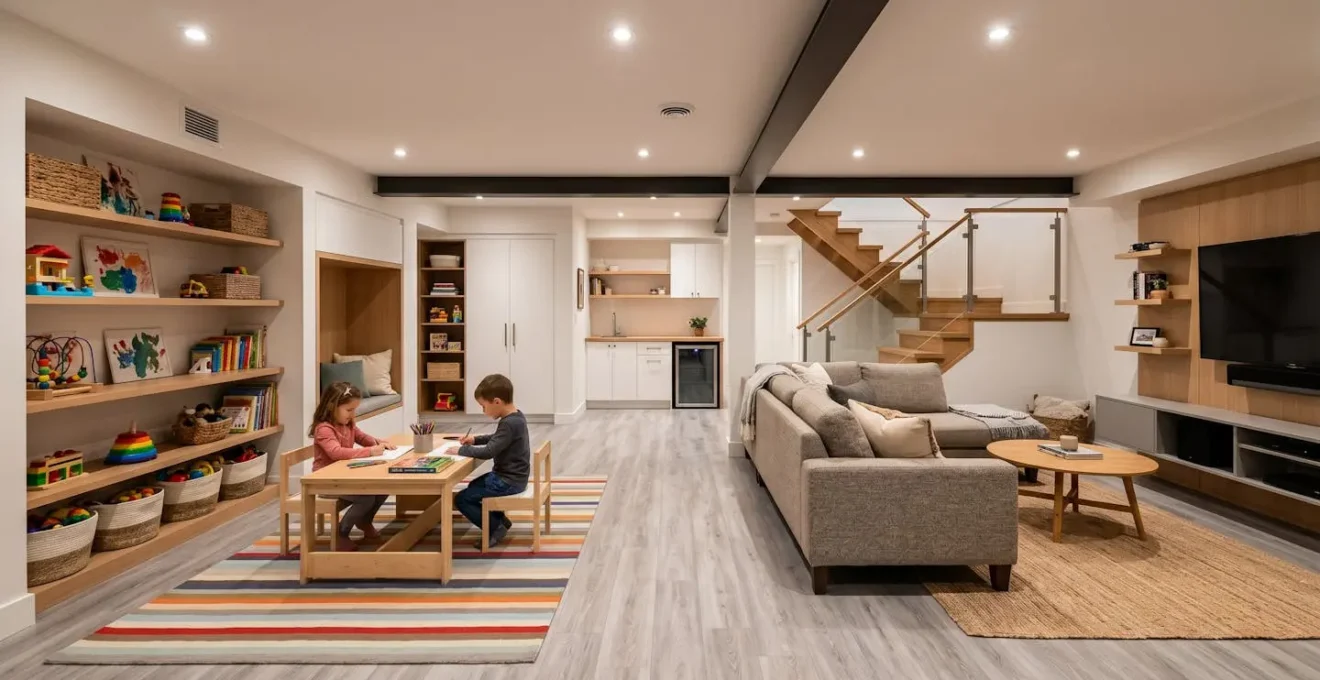 Sous-sol aménagé en salle familiale avec aire de jeux dans résidence québécoise