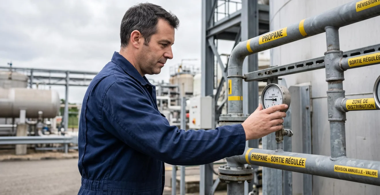 Technicien en combinaison de travail bleue contrôlant un manomètre de pression sur tuyauterie de gaz propane industrielle, regard dirigé vers l'instrument, geste professionnel de vérification