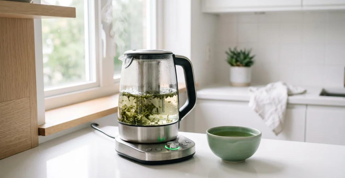 Une théière électrique moderne en fonctionnement avec vapeur délicate, à côté d'un bol de thé vert dans une cuisine contemporaine éclairée par la lumière naturelle