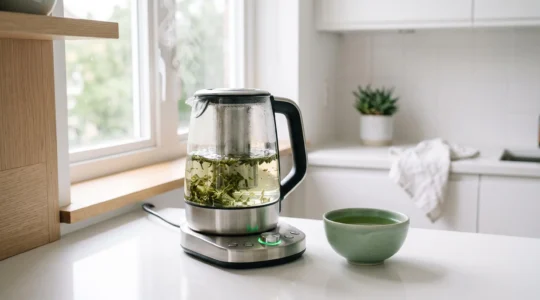 Une théière électrique moderne en fonctionnement avec vapeur délicate, à côté d'un bol de thé vert dans une cuisine contemporaine éclairée par la lumière naturelle