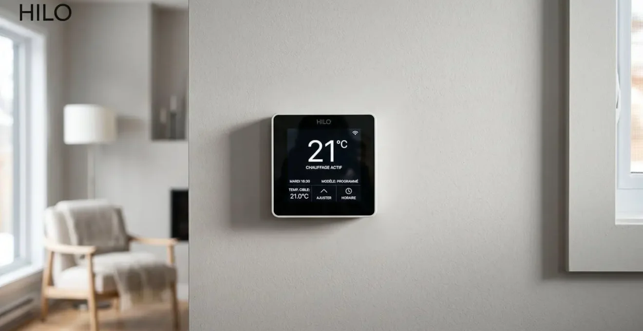 Thermostat intelligent programmable à écran tactile monté sur un mur gris clair, affichant 21°C dans un intérieur commercial moderne