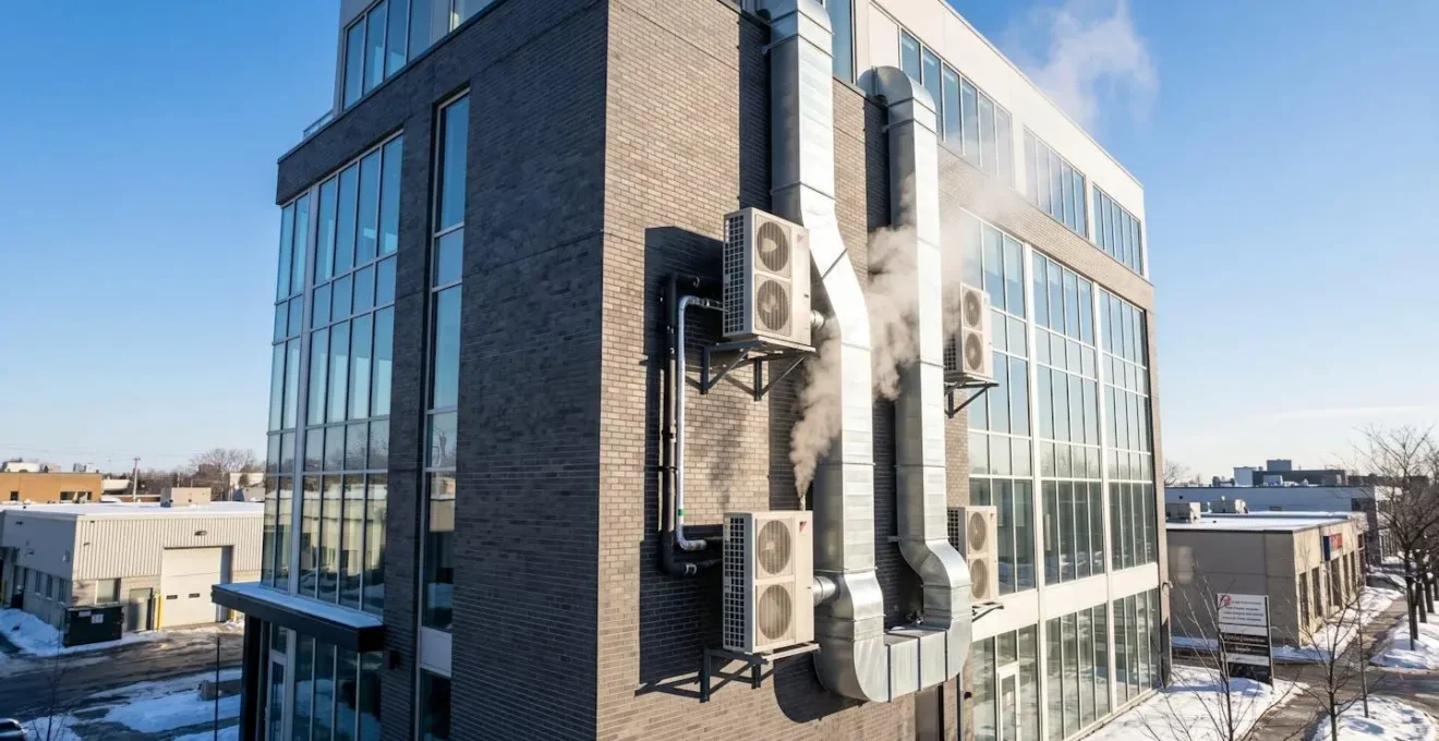 Unités de thermopompe commerciales et conduits de ventilation métalliques installés sur la façade d'un immeuble commercial moderne de Montréal par temps hivernal, avec vapeur de condensation visible