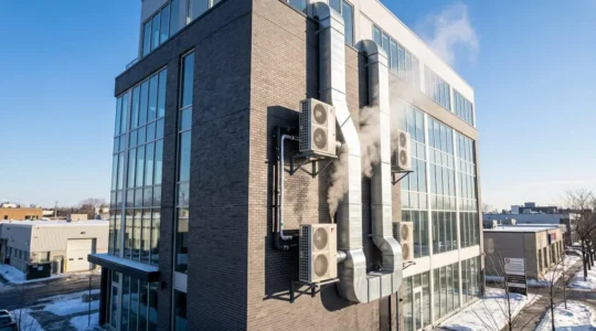 Unités de thermopompe commerciales et conduits de ventilation métalliques installés sur la façade d'un immeuble commercial moderne de Montréal par temps hivernal, avec vapeur de condensation visible