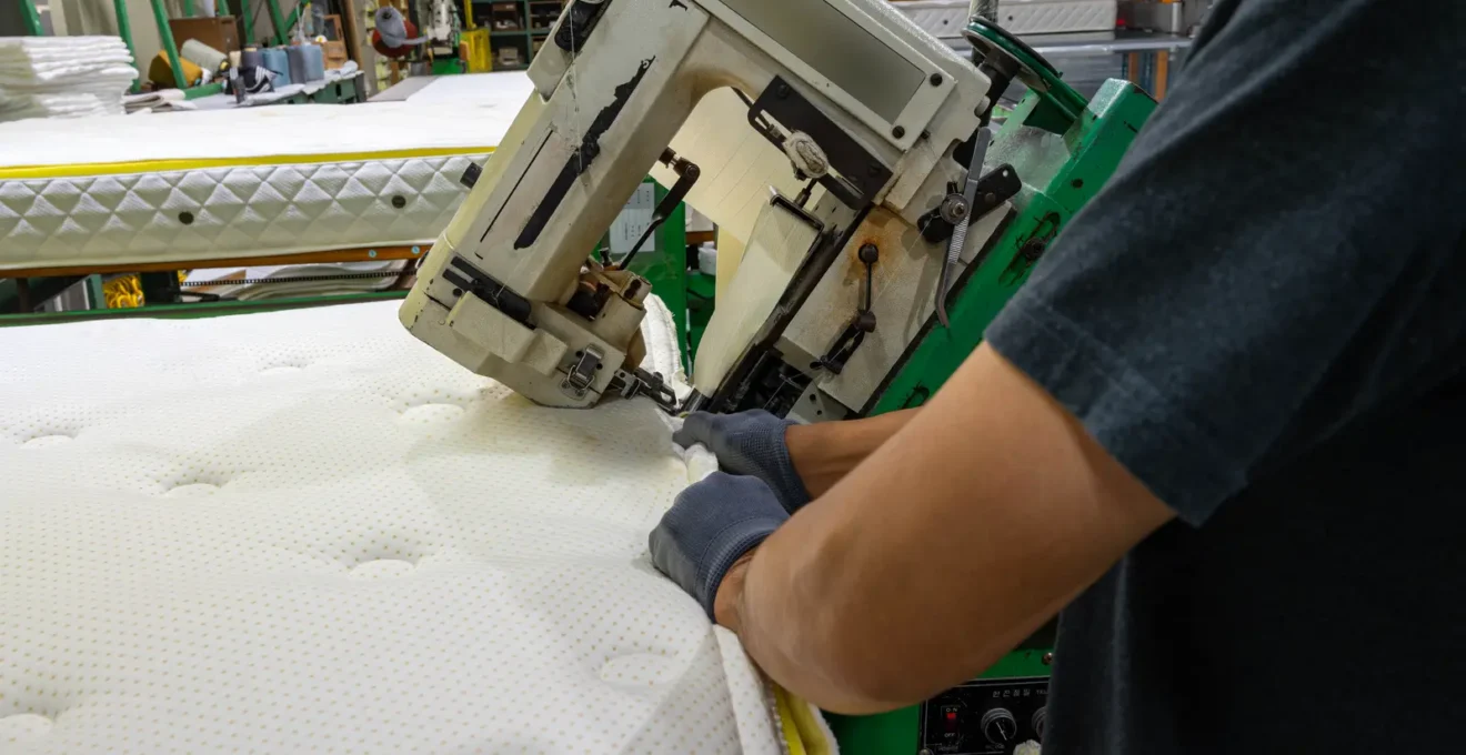 Un artisan ouvrier termine à la main le surpiquage latéral d'un matelas premium dans un atelier de fabrication français, avec des rouleaux de matières naturelles en arrière-plan.