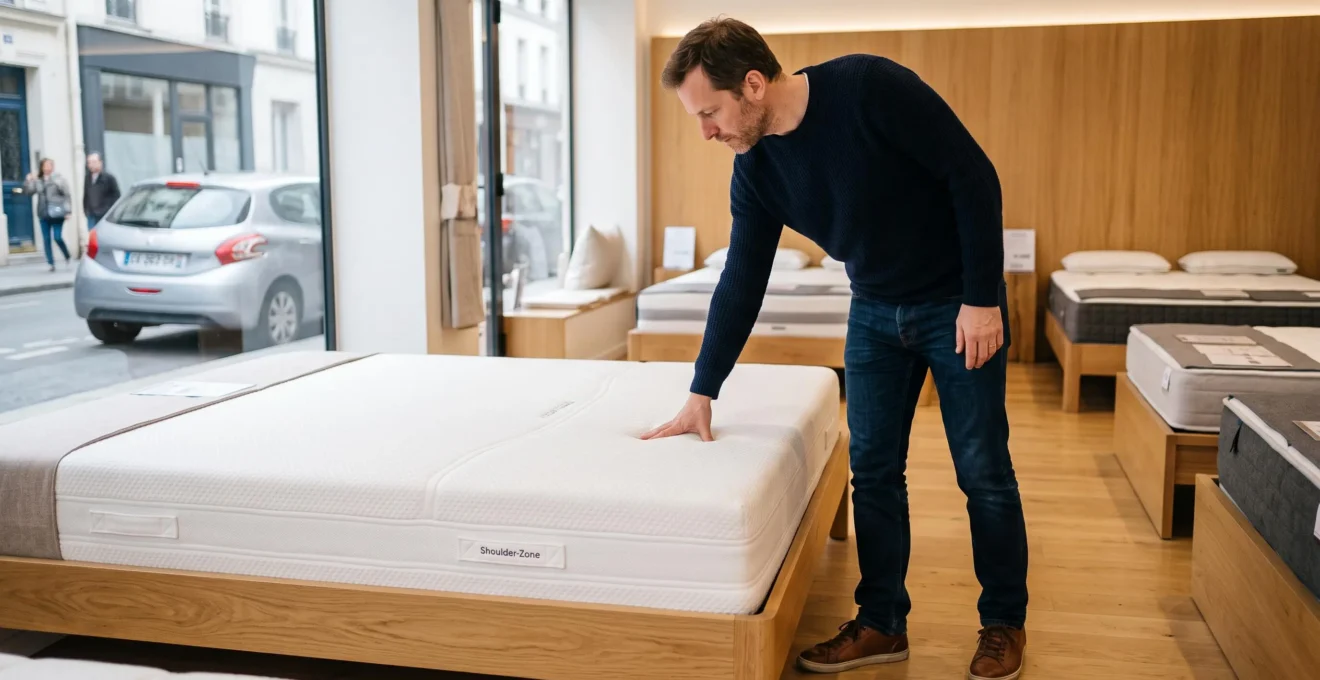 Un client teste la fermeté d'un matelas moelleux en appuyant sa main sur la surface, dans un magasin de literie lumineux en France.