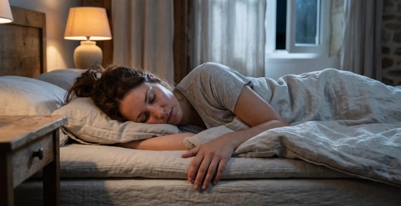 Une femme dort paisiblement sur le côté dans un matelas premium respirant, dans une chambre sombre éclairée par une lampe de chevet chaleureuse.