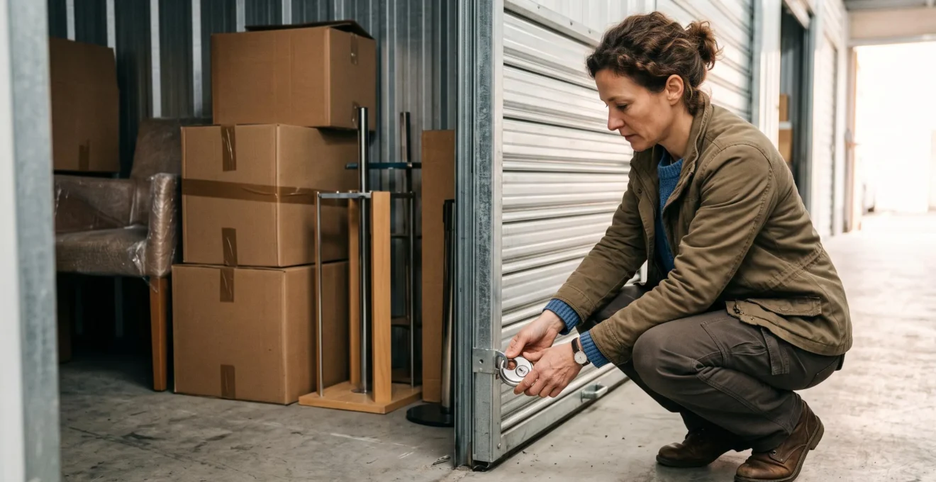 Une responsable de petite entreprise ferme le cadenas d'un box de stockage rempli de cartons et de matériels d'exposition.