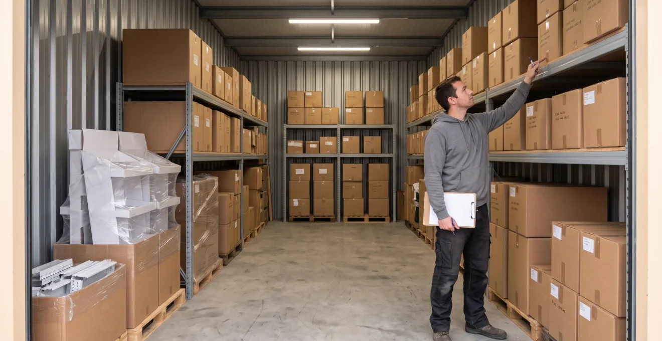 Un gestionnaire vérifie l'inventaire de cartons empilés sur des étagères dans un box de stockage bien organisé.