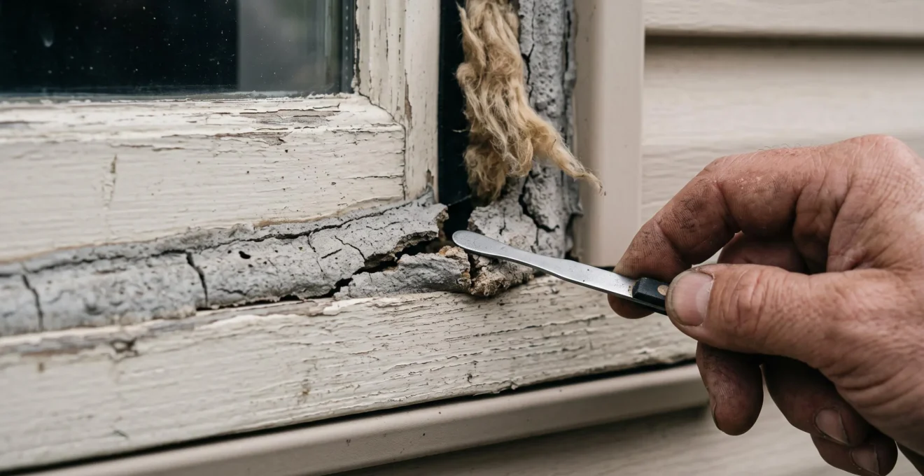Gros plan sur un joint de scellant extérieur fissuré qu'un technicien sonde avec un petit outil d'inspection.