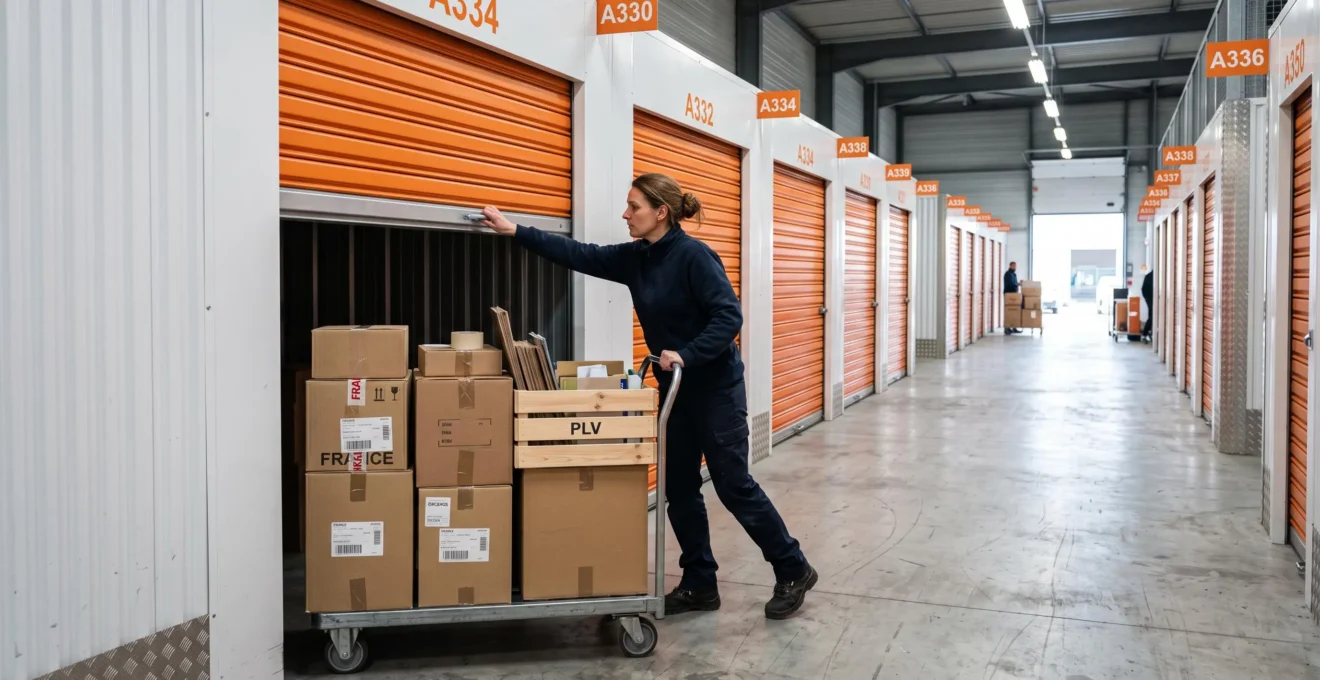 Un manutentionnaire ouvre la porte d'un box de stockage professionnel en poussant un chariot roulant chargé de cartons et de caisses.