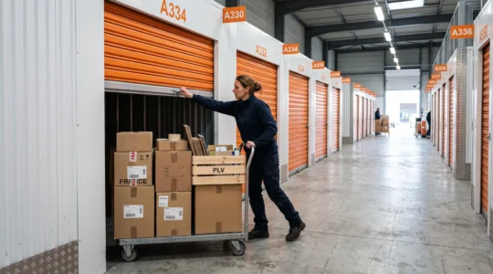 Un manutentionnaire ouvre la porte d'un box de stockage professionnel en poussant un chariot roulant chargé de cartons et de caisses.