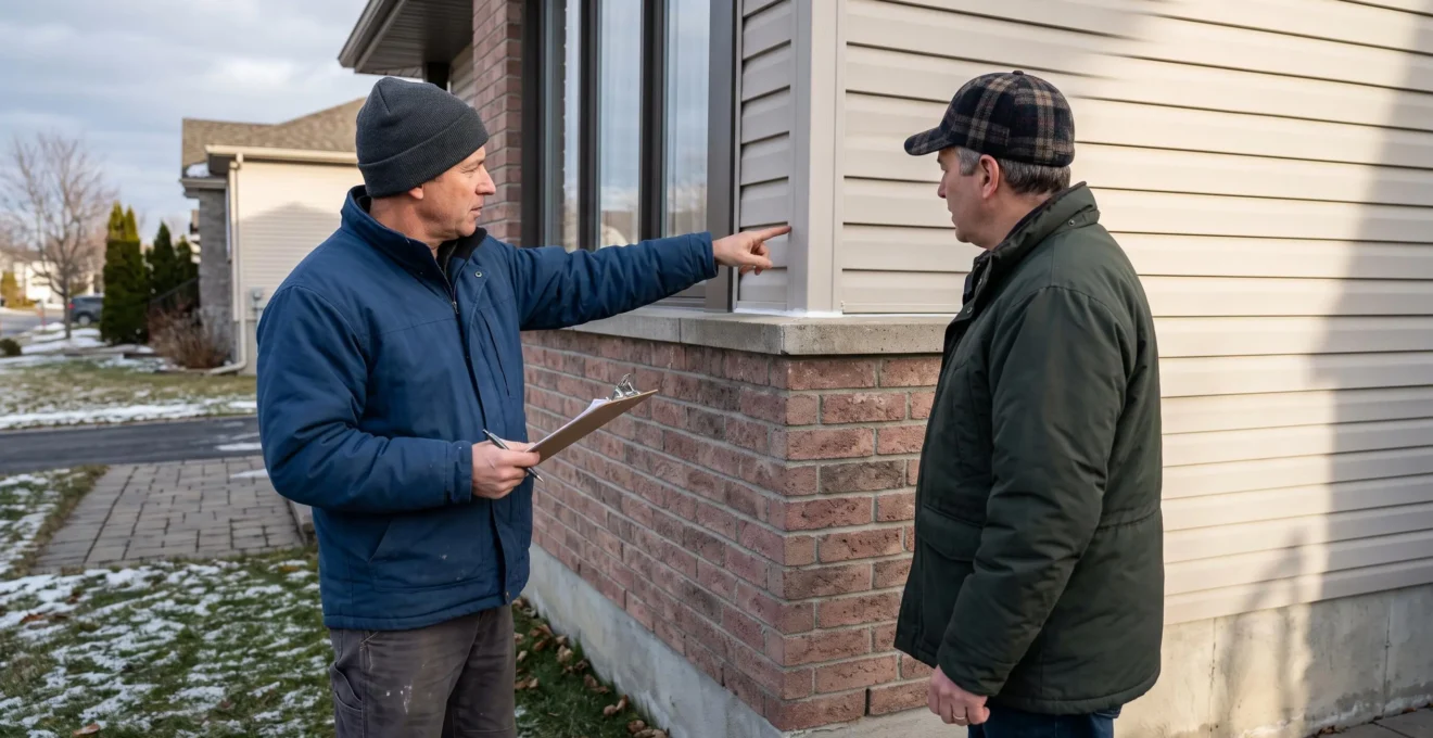 Un spécialiste du calfeutrage explique les résultats de son inspection à un propriétaire devant la façade de leur maison.