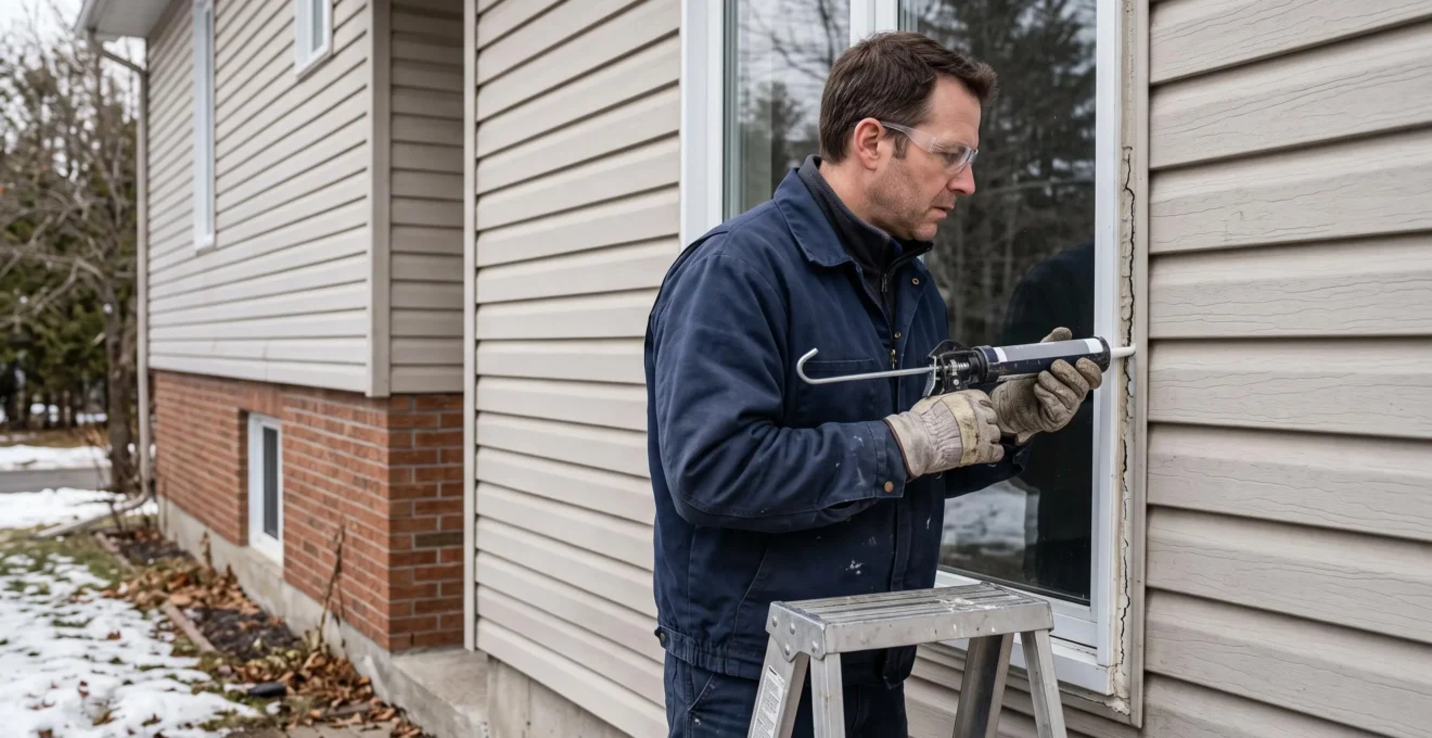 Un technicien applique un nouveau joint de scellant autour d'une fenêtre extérieure sur une maison résidentielle au Québec.