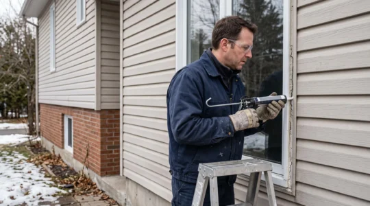 Un technicien applique un nouveau joint de scellant autour d'une fenêtre extérieure sur une maison résidentielle au Québec.